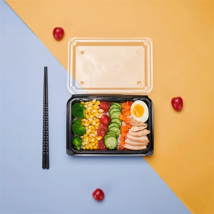 Dual Color Black Base Clear Deksel Proview Scharnierende Clamshell Take Out Disposable Food Containers