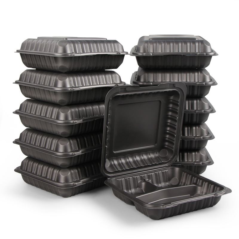 Clamshell past zwarte kleur wegwerpbare plastic voedselafhaalboxcontainers aan